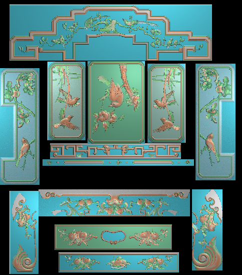 仙桃沙发精雕图花鸟沙发精品桃子鸟宝座电脑雕刻图檀雕花鸟浮雕图