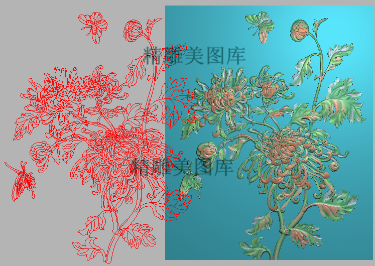 蝴蝶菊花精雕图四季花门板精品雏菊靠背浮雕图新款菊花鸟灰度图