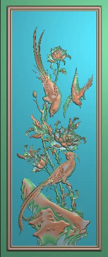 沙发靠背檀雕花鸟背板精雕图浮雕雕刻图灰度图中板门板 牡丹喜雀