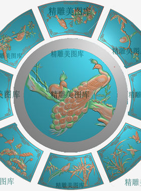 檀雕花鸟圆台精雕图孔雀圆盘面板灰度浮雕图梅兰竹菊 檀雕圆台4号
