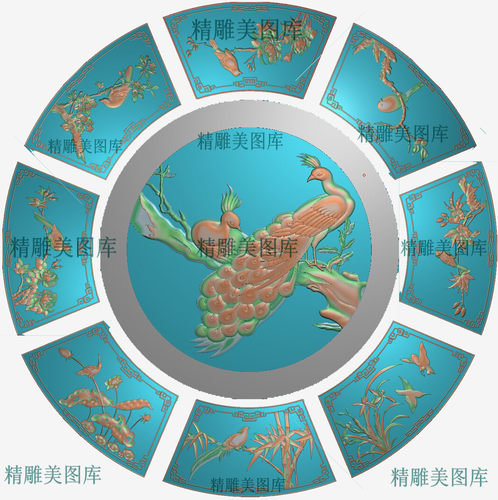 檀雕花鸟圆台精雕图孔雀圆盘面板灰度浮雕图梅兰竹菊 檀雕圆台4号