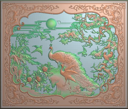 孔雀平几面精雕图花鸟挂屏精品孔雀方板灰度图檀雕鸟外框浮雕图