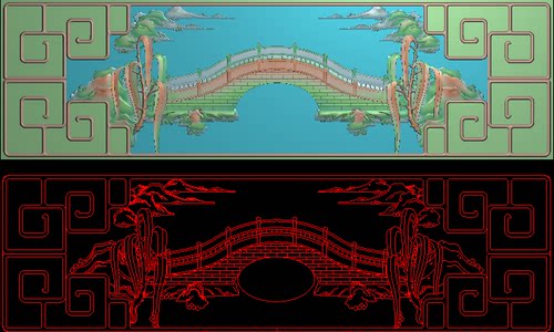 抽屉山水精雕图柳条抽斗面新款横板拱桥浮雕图风景拉手灰度木雕图