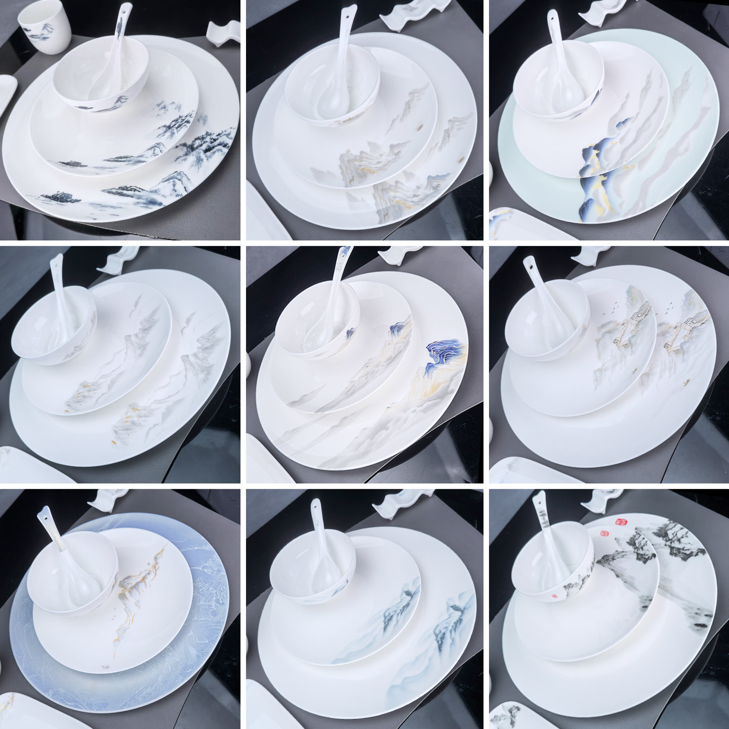 陶瓷高骨瓷釉上彩盘子家用餐具套装山水画餐盘八件套