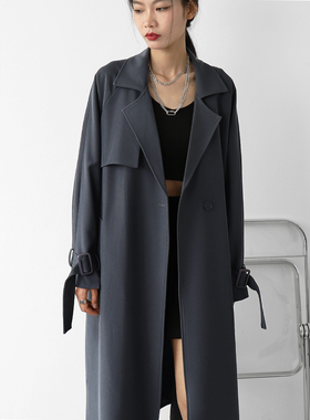 2023秋季新款系带风衣中长款女英伦风西装领过膝宽松外套