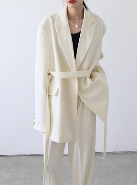 CHICVEN「性别流动」设计感小众宽肩飘带中长垂感西装外套女西服