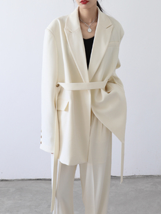 CHICVEN「性别流动」设计感小众宽肩飘带中长垂感西装 外套女西服