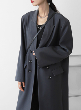 CHICVEN2023秋季 重工气质双排扣长款宽松西装外套过膝风衣女上衣