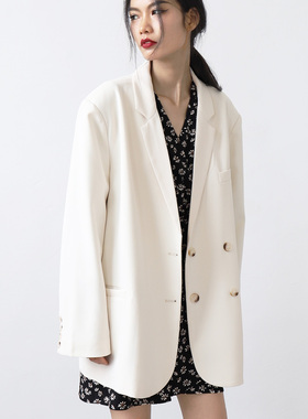 CHICVEN街头休闲宽松双排扣白色西装外套女中长款西服上衣2021秋
