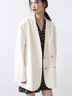 CHICVEN街头休闲宽松双排扣白色西装 西服上衣2021秋 外套女中长款