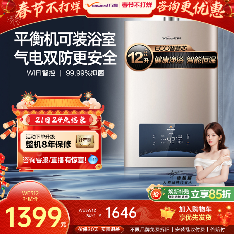 万和家用天然气液化气12升室内安装恒温节能平衡式燃气热水器WE3