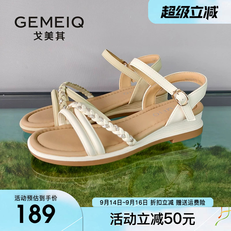 戈美其坡跟凉鞋女款2026夏季新款水钻一字带厚底凉鞋沙滩女鞋子图片
