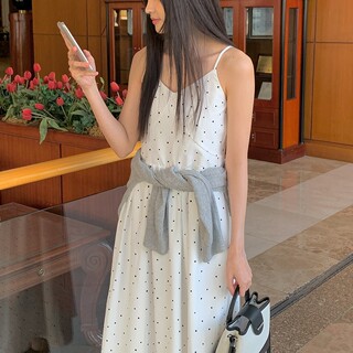 韩国chic法式茶歇初恋清新温柔风波点仙女裙长款吊带连衣裙