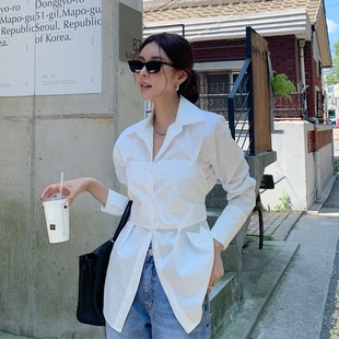 韩国东大门小众设计裹胸假两件背后蝴蝶结绑带休闲衬衫上衣