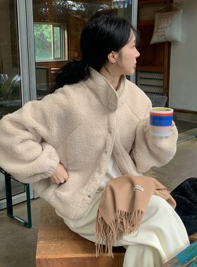韩国chic复古休闲慵懒风保暖立领单排扣小个子羊羔毛外套女