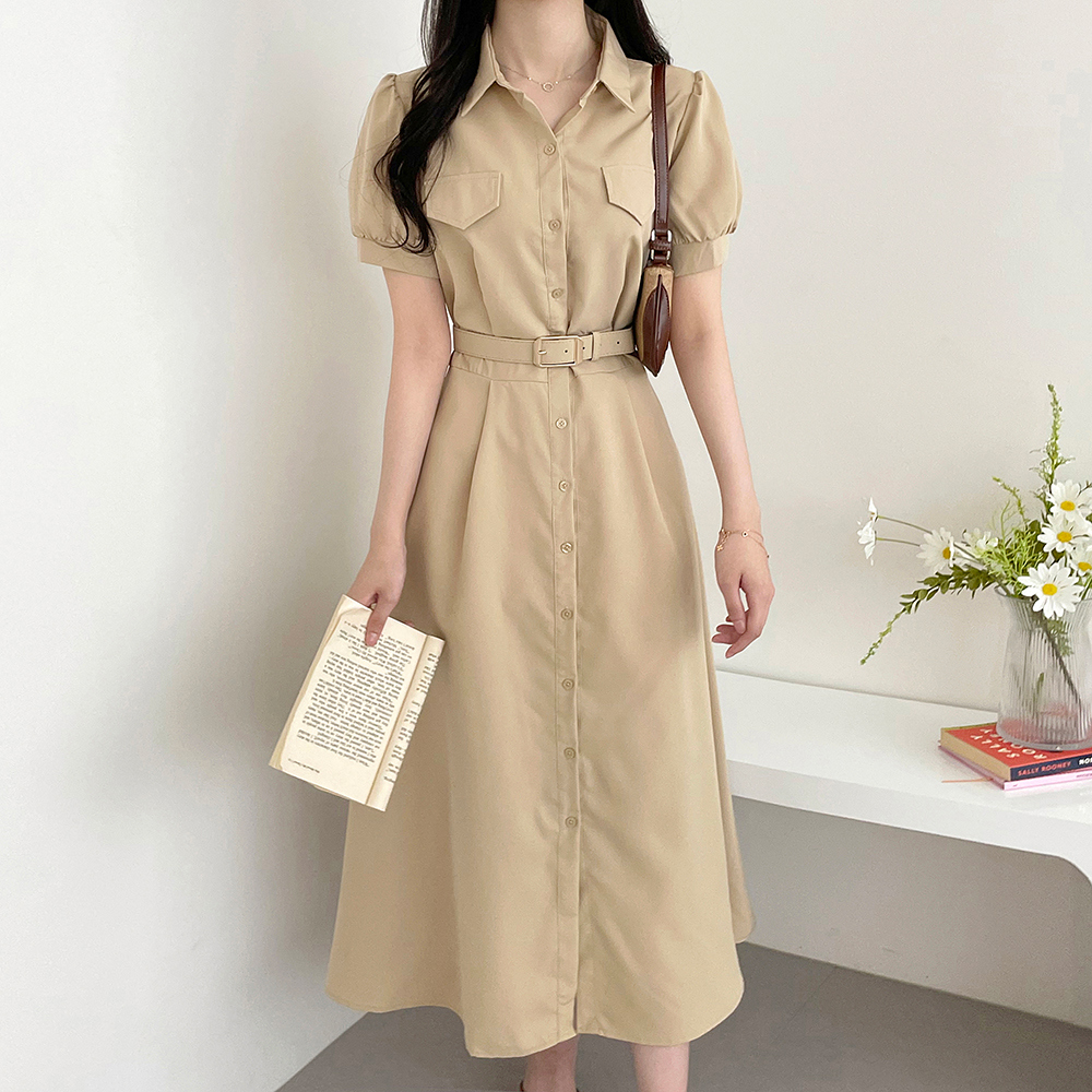 韩国INS法式复古气质假口袋单排扣腰带收腰显瘦泡泡袖连衣裙