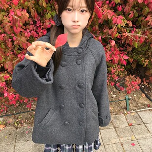 韩国ins复古日系学院风连帽毛呢双排扣外套小个子呢子大衣女