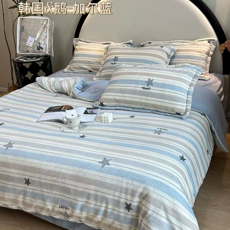 韩国鹅冬季加厚牛奶绒四件套卡通条纹格子双面绒被套床单四件套