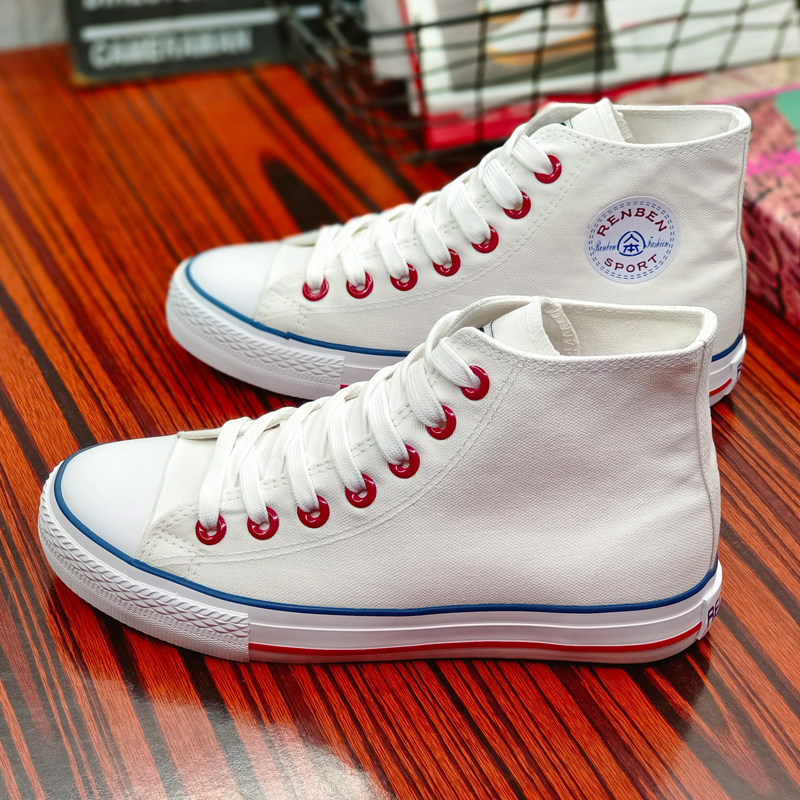 人本帆布鞋女高帮白色学生休闲板鞋红色春季单里高腰小白鞋情侣鞋