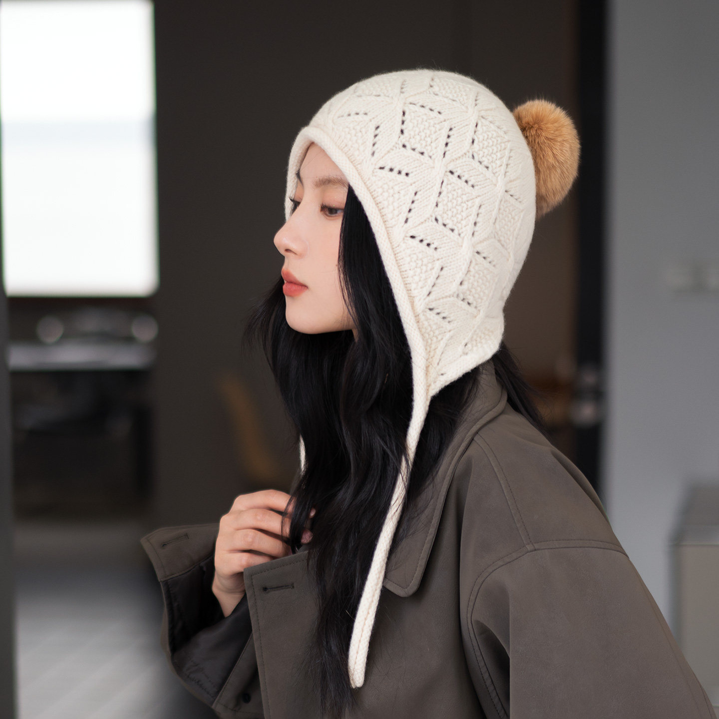 疯帽子 纯羊毛毛线帽女秋冬时尚钩花镂空毛球针织帽保暖包头帽25