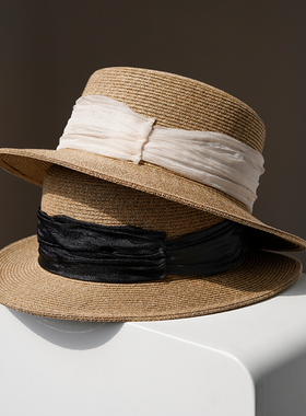 疯帽子 时尚法式平顶遮阳草帽女 海边度假太阳帽礼帽春夏 大头围