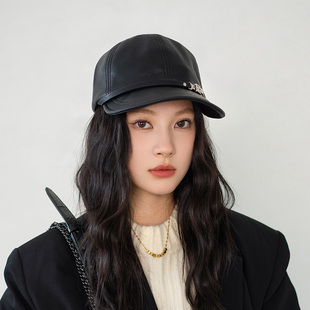 鴨舌帽子女 瘋帽子 春季 pu皮金屬扣棒球帽時(shí)髦皮質(zhì)報(bào)童帽新款 韓版