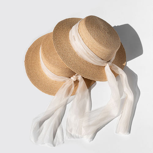 疯帽子拉菲草小清新飘带平顶帽