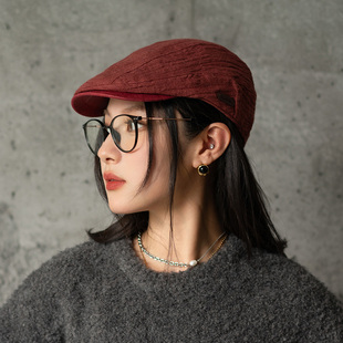 復古褶皺鴨舌帽子女初春新款 瘋帽子 英倫風前進帽 復古亞麻布帽
