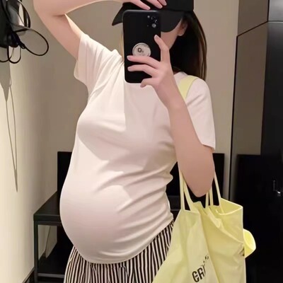孕妇夏季莫代尔短袖圆领T恤遮肚