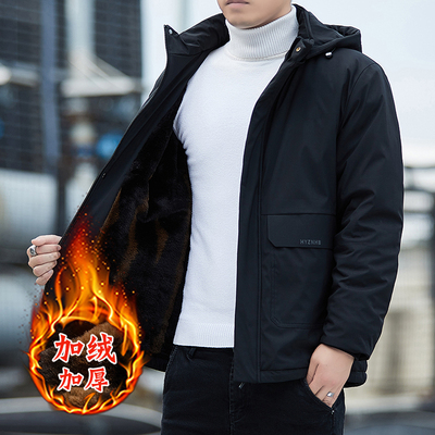 中年棉衣男秋冬加绒加厚连帽