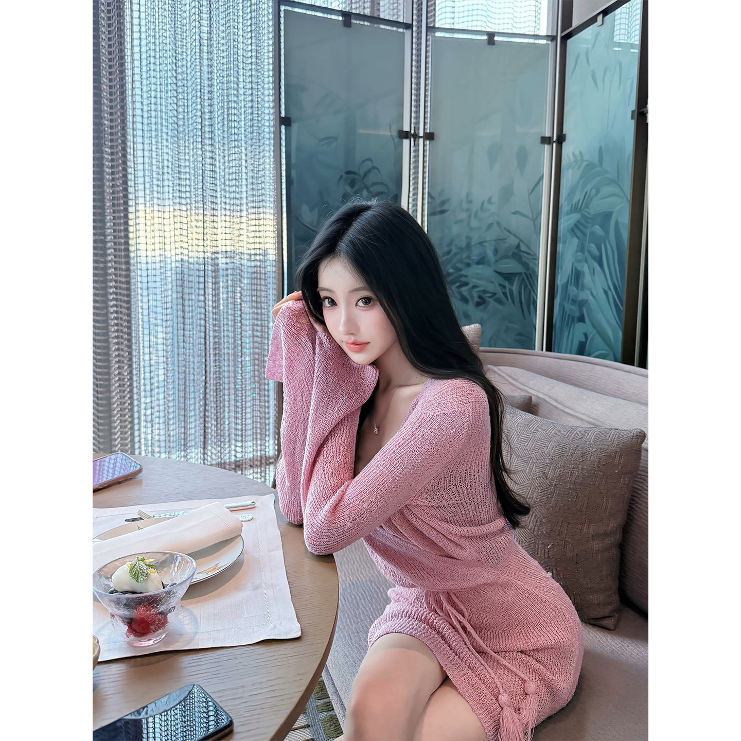 DFAY 粉紫色松弛感编织毛衣裙时尚柔软宽松慵懒针织连衣裙女秋冬