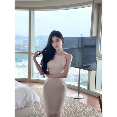 DFAY 原创亮片蕾丝裙优雅气质包臀修身显瘦白色吊带连衣裙女夏季