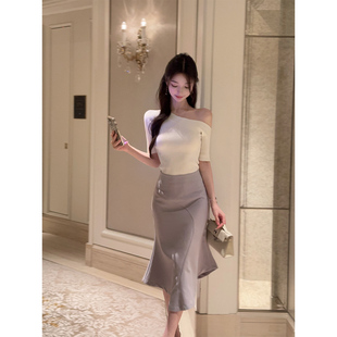 DFAY 顯瘦百搭包臀不規(guī)則魚尾半裙女夏 紫色半裙甜美韓系高腰修身