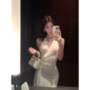 DFAY 清冷白玫瑰 南韩针织面料连衣裙气质显瘦露背挂脖裙子女夏季