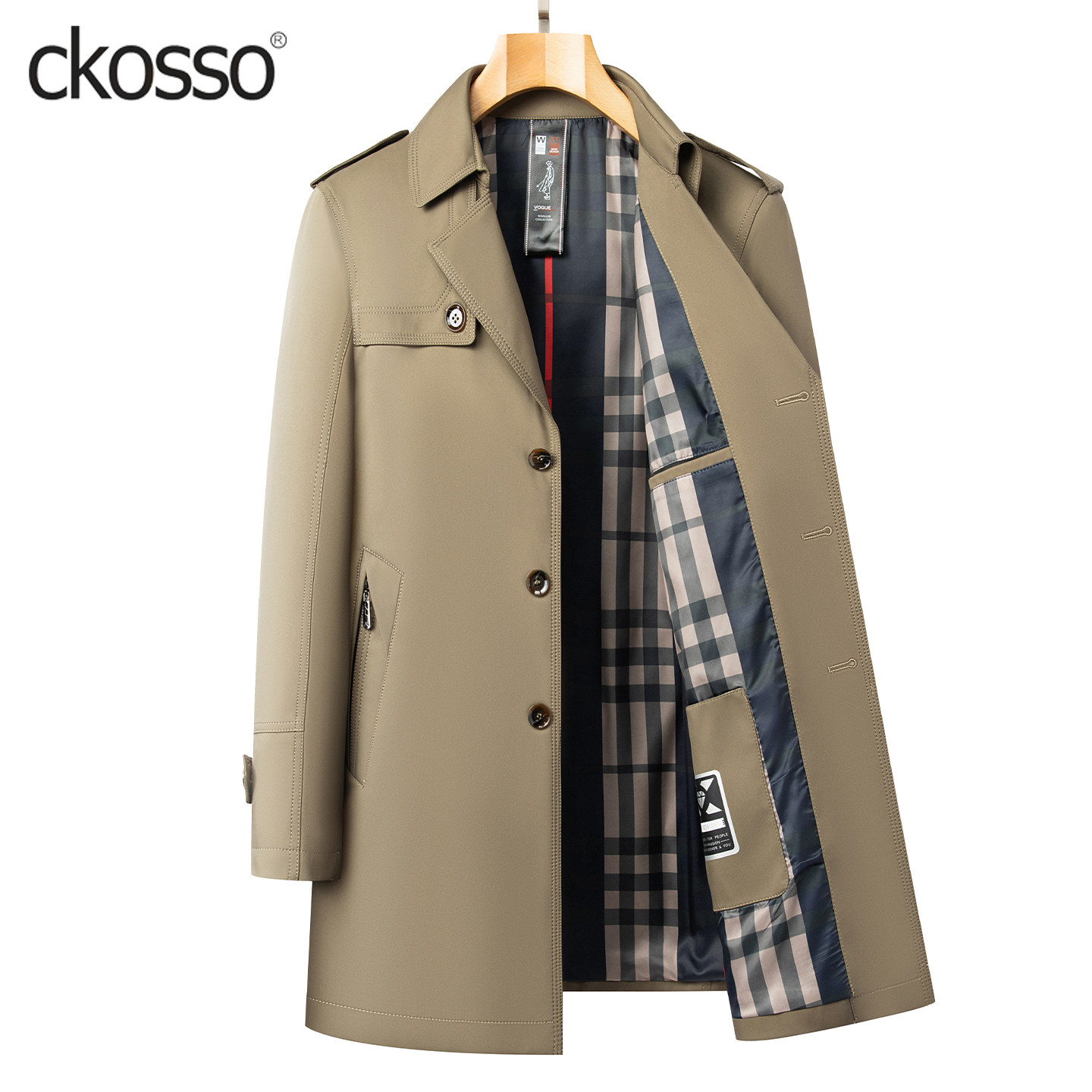 高端休闲风衣男士中长款系带扣子卡其色男装外套2025春秋新款大衣