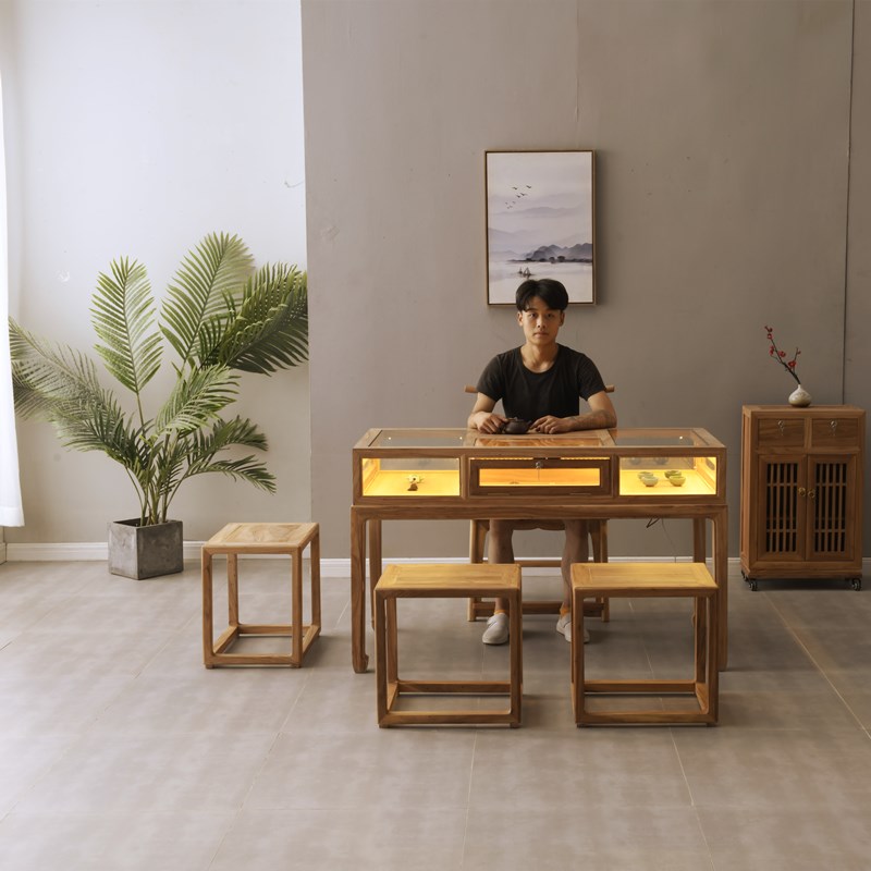 展示柜榆木中式金银首饰展桌原木落地长方形珠宝玻璃柜台实木家具