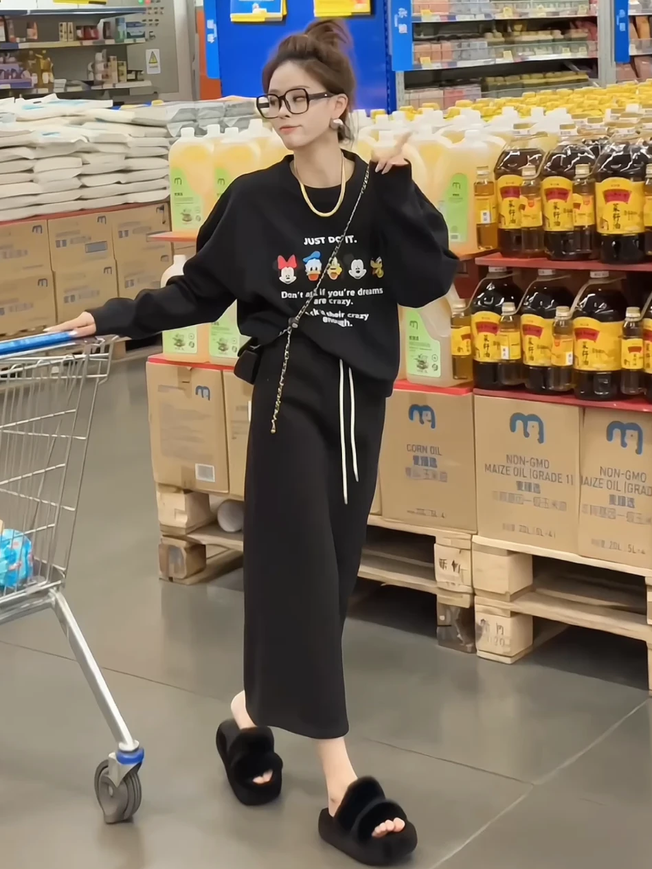 时尚套装女秋冬加绒新款韩版减龄卡通米奇印花卫衣半身裙两件套潮