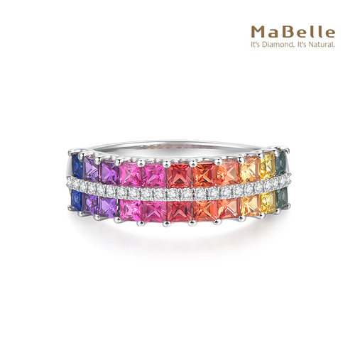 玛贝尔18K白彩蓝宝钻石戒指彩虹