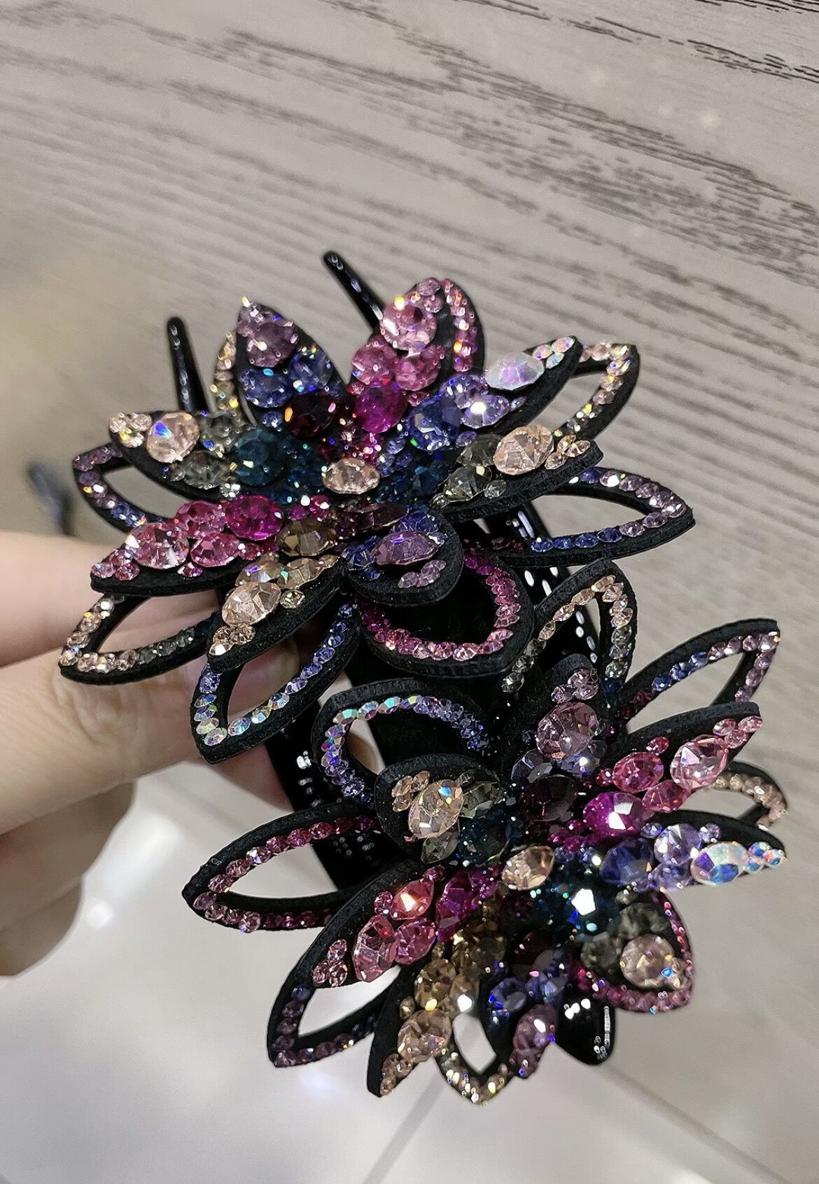 新款进口捷克钻发夹后脑勺头饰夹子大号双花发饰女士镂空发饰品