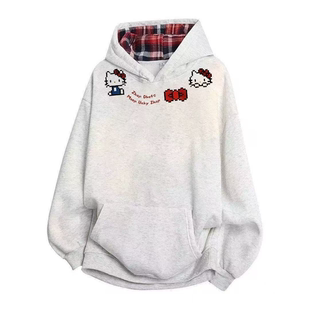 拼接格子连帽卫衣女秋冬款白灰色学院慵懒风加绒加厚上衣情侣装潮