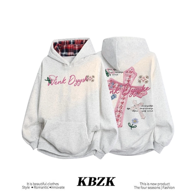 重磅加绒连帽格子拼接小众卫衣女2025秋冬宽松百搭上衣ins外套潮