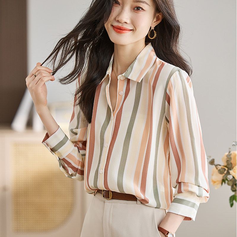 条纹衬衫上衣复古缎面衬衣女显瘦