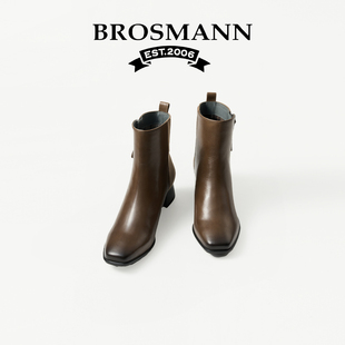 BROSMANN宝舒曼牛皮短靴女2026春季新款女靴中跟真皮靴子工装女鞋