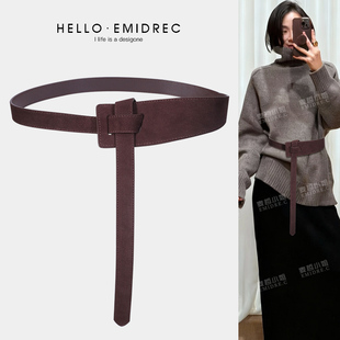 高级感真皮麂皮绒腰封加长打结咖色宽腰带皮带装饰配裙子毛衣复古