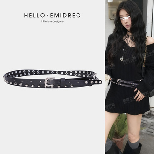 2圈加长腰带配饰女铆钉装饰细皮带配裙子毛衣黑色朋克亚文化Y2K