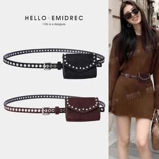 复古麂皮绒面腰包腰带女细皮带小包包铆钉装饰棕色黑色配裙子毛衣