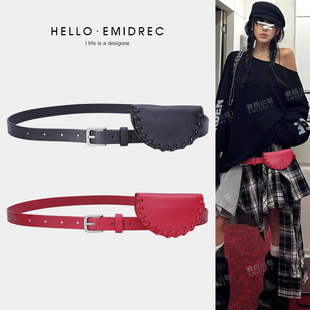 复古设计感小众腰包腰带配饰女红色黑色小包包皮带装饰配裙子腰饰