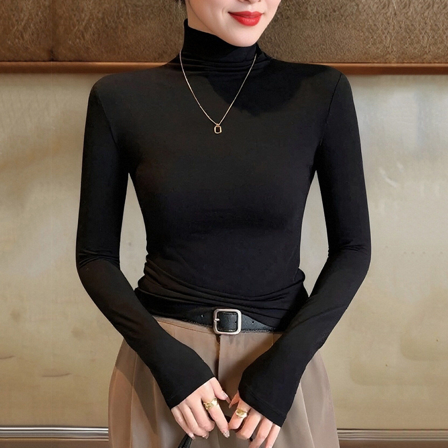 紧身黑色高领内搭长袖T恤女秋冬