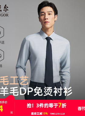 【绵羊毛免烫】雅戈尔官方春季新品商务休闲通勤DP格纹长袖衬衫男