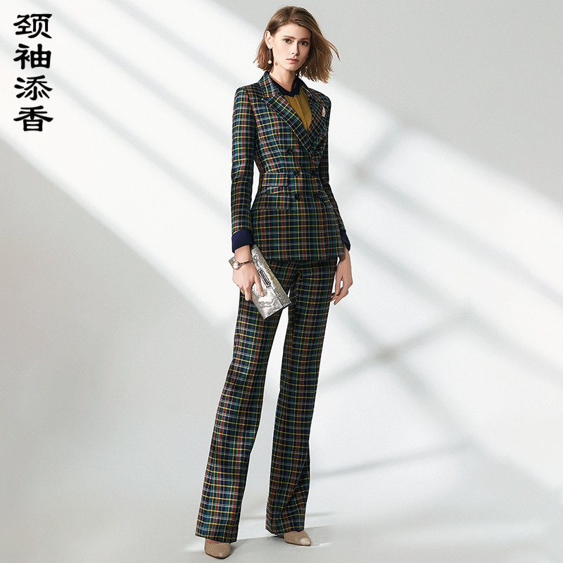 颈袖添香春秋新款时尚气质OL格子修身女士职业装小西服套装女